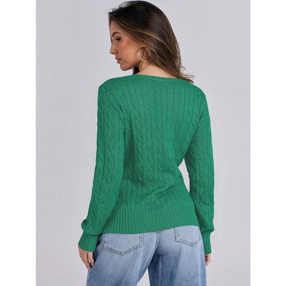 Womens Green Pull On Cable Knit Long Sleeve V Neck Fitted Casual Work Sweater - Picture 6 of 6